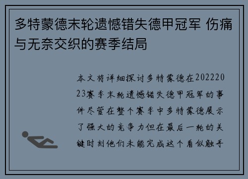 多特蒙德末轮遗憾错失德甲冠军 伤痛与无奈交织的赛季结局
