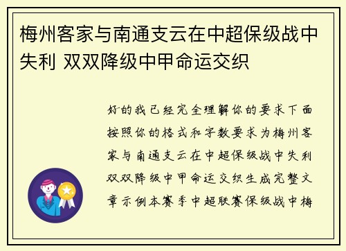 梅州客家与南通支云在中超保级战中失利 双双降级中甲命运交织 梅州客家与南通支云在中超保级战中失利 双双降级中甲命运交织